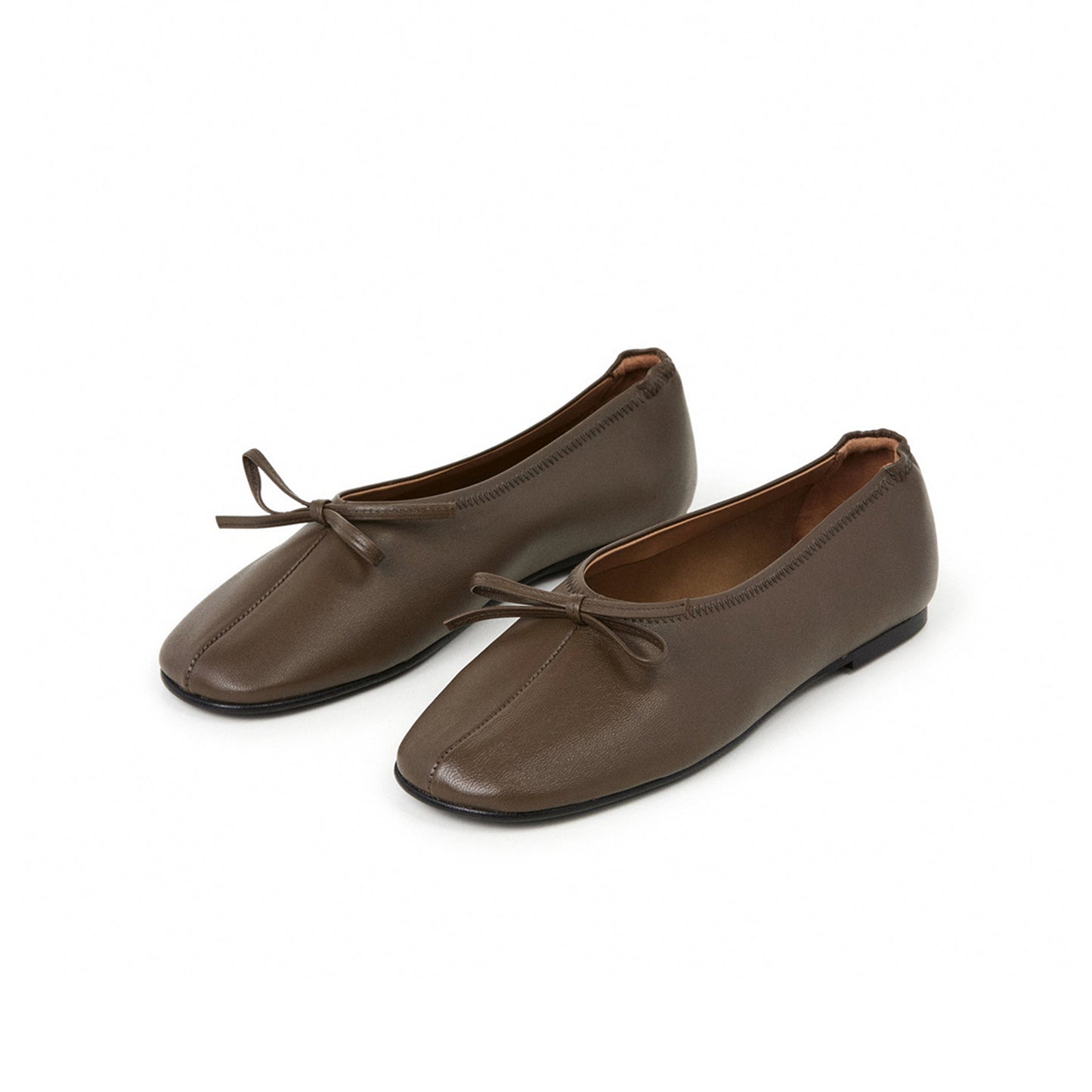Khaki Square-Toe Classic Front Bow Slip-On Ballet Flats