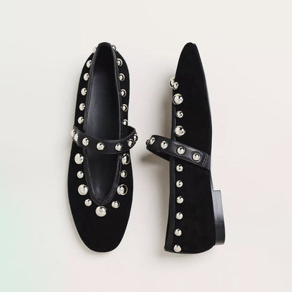 Black Faux Suede Round-Toe Studded Ballet Flats With Bridge Strap