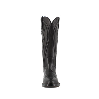 Black Almond-Toe Mid Calf Simple Embroidery Cowgirl Boots
