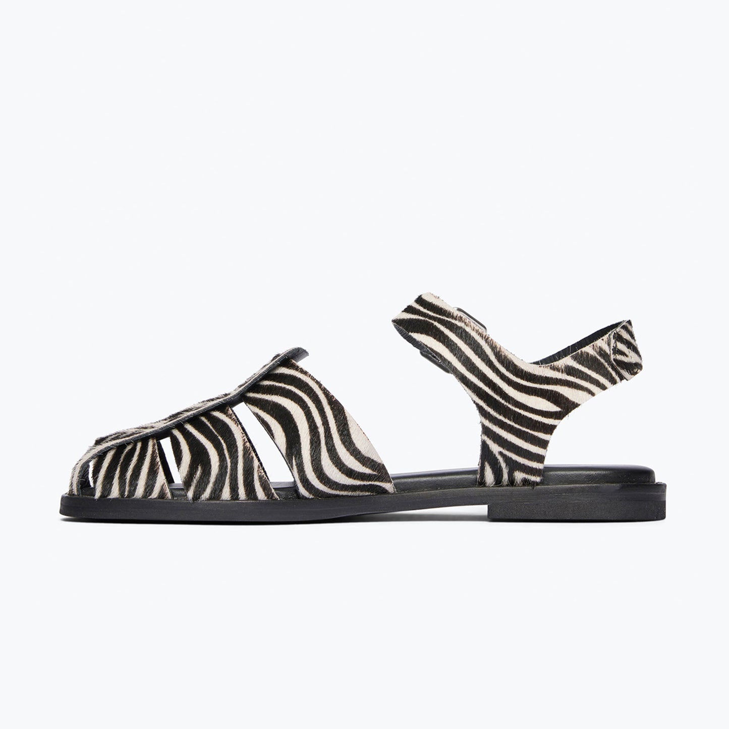 Zebra Pattern Pony Hair Vegan Leather Round-Toe Fisherman Sandals Flats