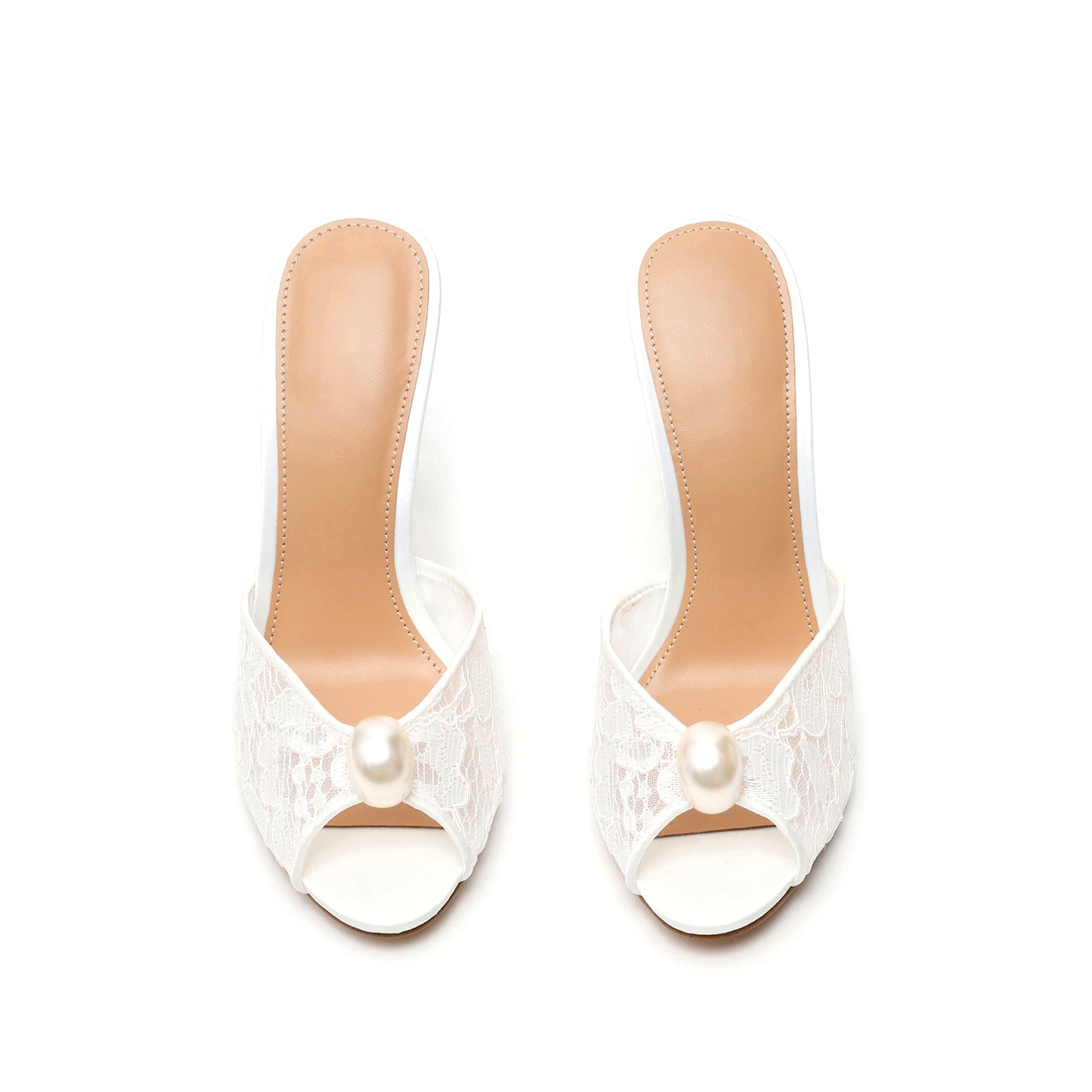 White Lace Mesh With Pearl Peep Round-Toe Slip-On Backless High Heels