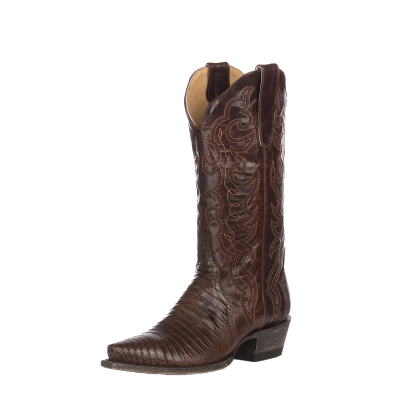 Chocolate Contrast Vegan Leather And Lizard Print Snip-Toe Embroidery Classic Mid Calf Cowgirl Boots