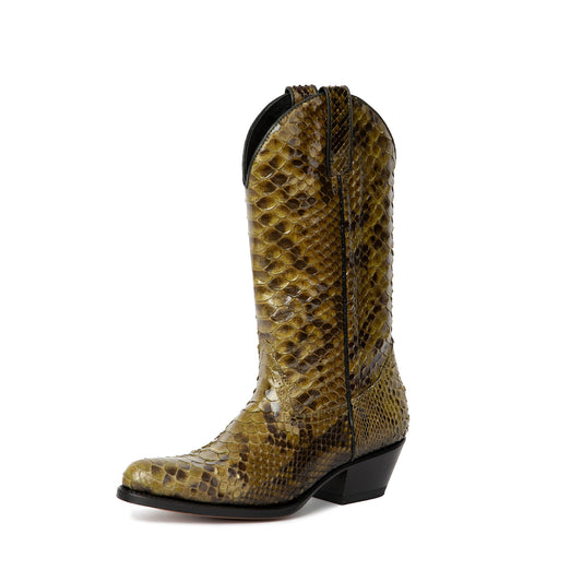 Brass Snakeskin Print Round-Toe Stars Inlays Mid Calf Cowgirl Boots