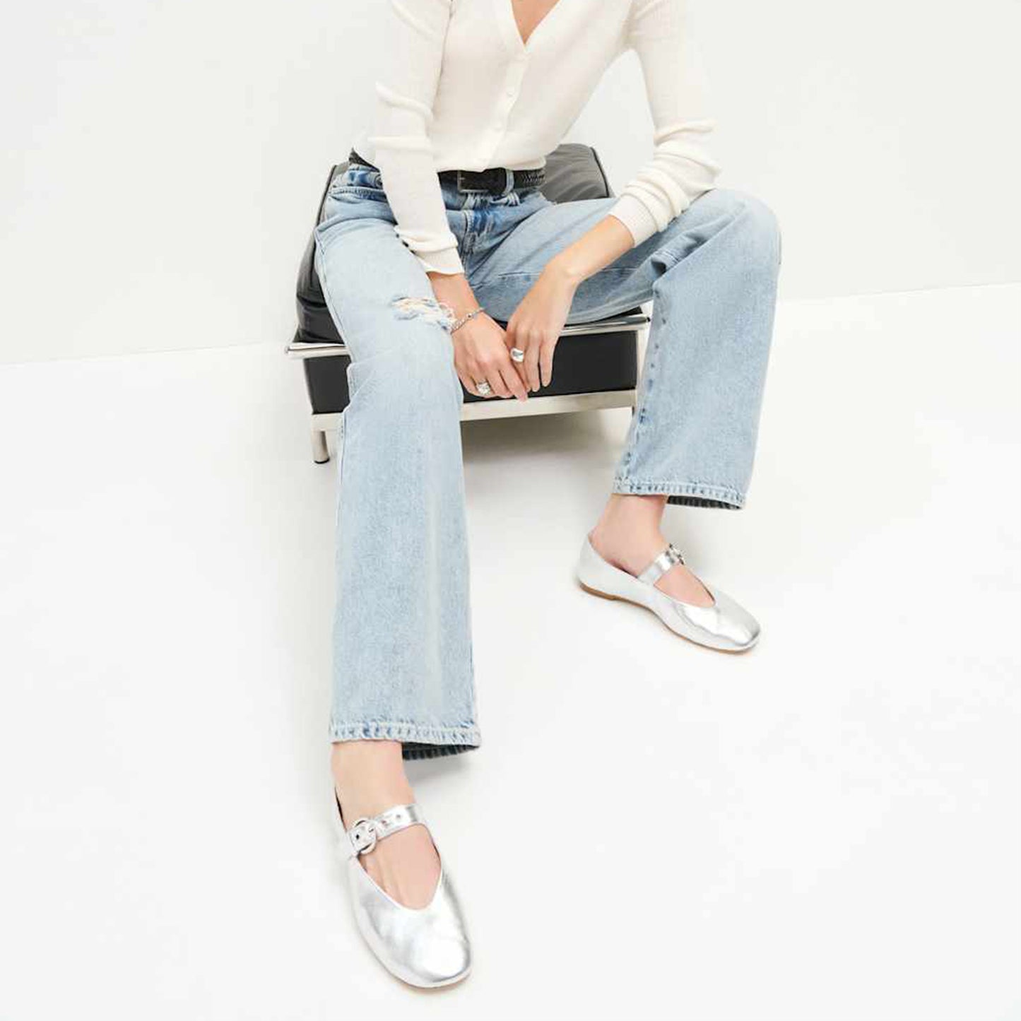 Metallic Silver Square-Toe Classic Buckle Bridge Strap Ballet Flats