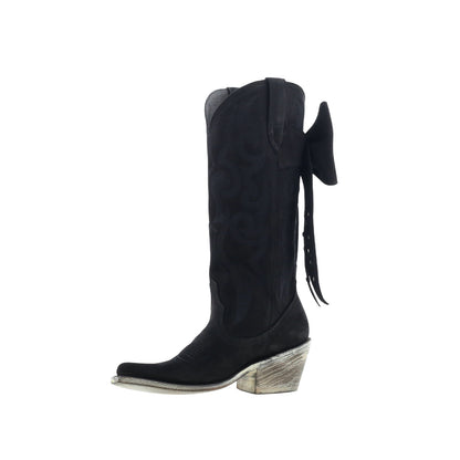 Black Pointed-Toe Embroidery Back Studded Bow Mid Calf Cowgirl Boots