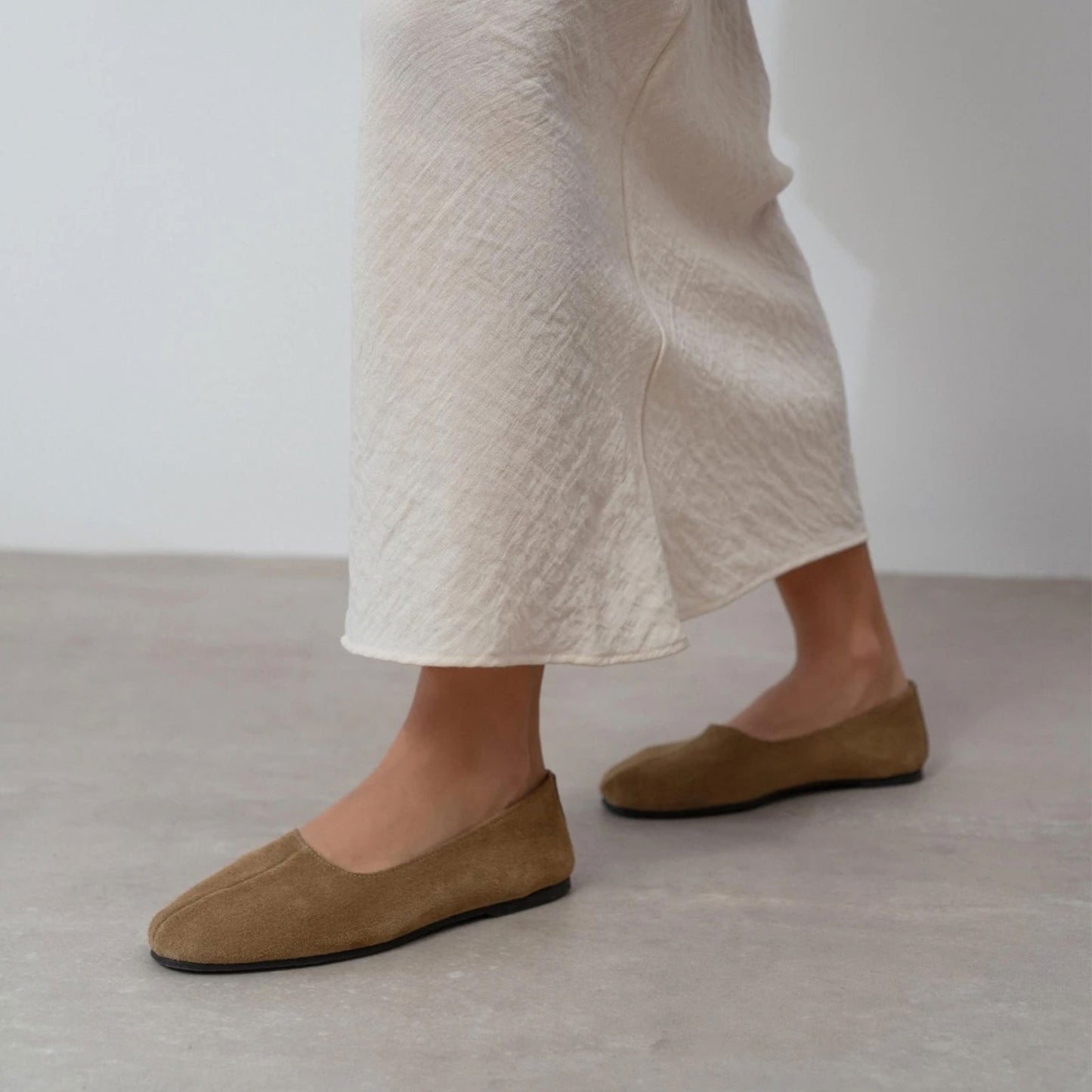 Taupe Cow Suede Round-Toe Slip-On Classic Ballet Flats