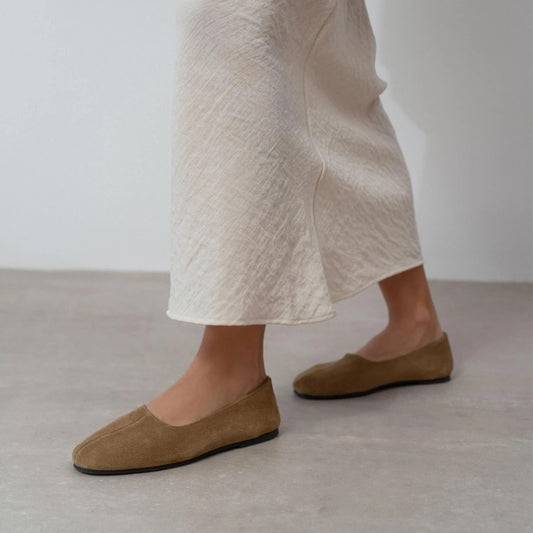 Taupe Cow Suede Round-Toe Slip-On Classic Ballet Flats