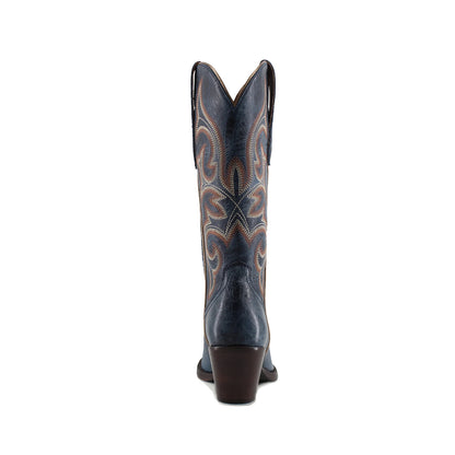Distressed Dark Blue Snip-Toe Mid Calf Embroidery Cowgirl Boots