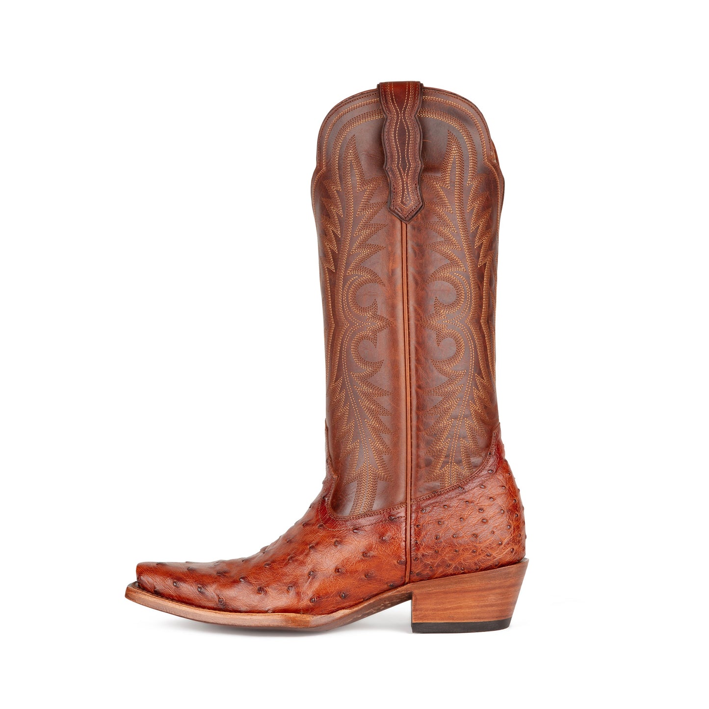 Pecan Contrast Vegan Leather And Ostrich Print Snip-Toe Embroidery Mid Calf Cowgirl Boots