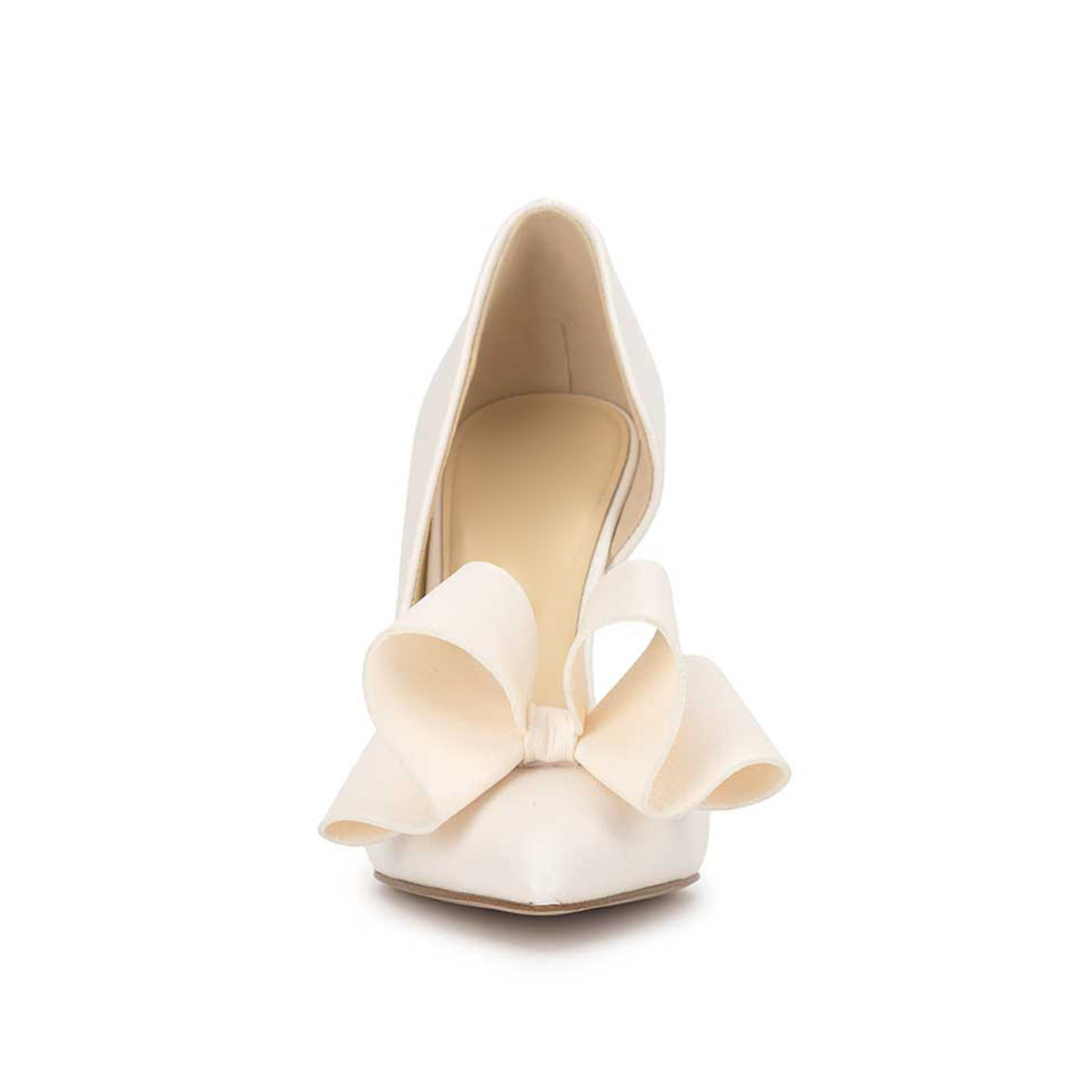 Ivory Pointed-Toe Front Big Bow Sleek Slip-On High Heels