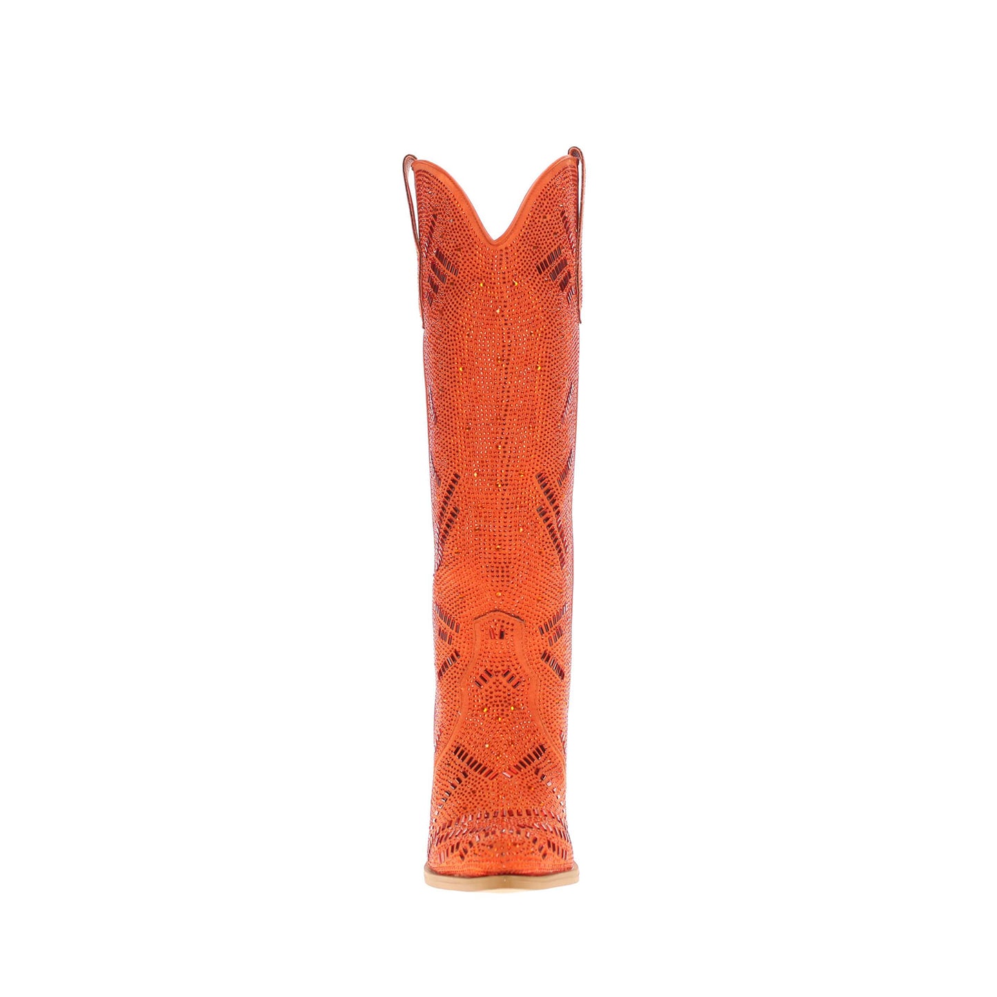 Orange Faux Suede Pointed-Toe Full Crystals Wide Calf Knee High Cowgirl Boots