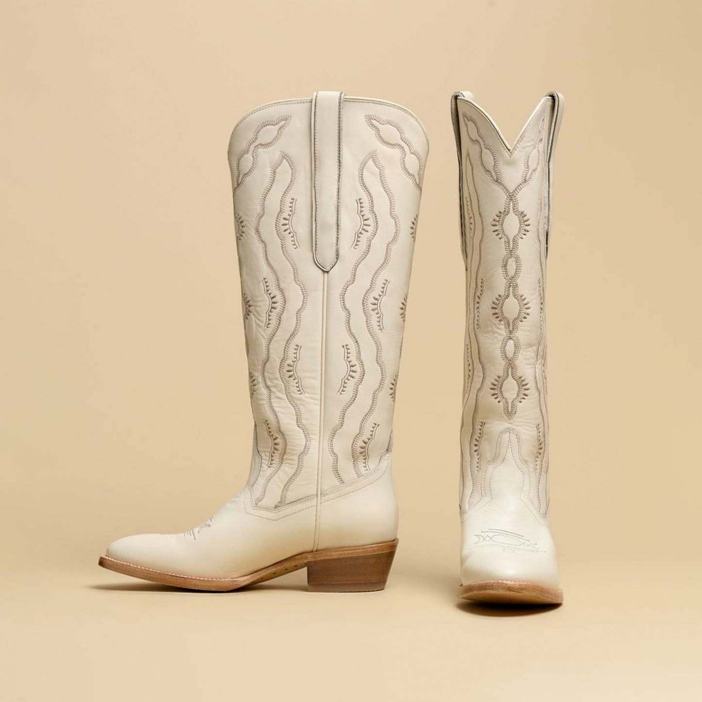 Ivory Round-Toe Classic Embroidery Wide Calf Knee High Tall Cowgirl Boots