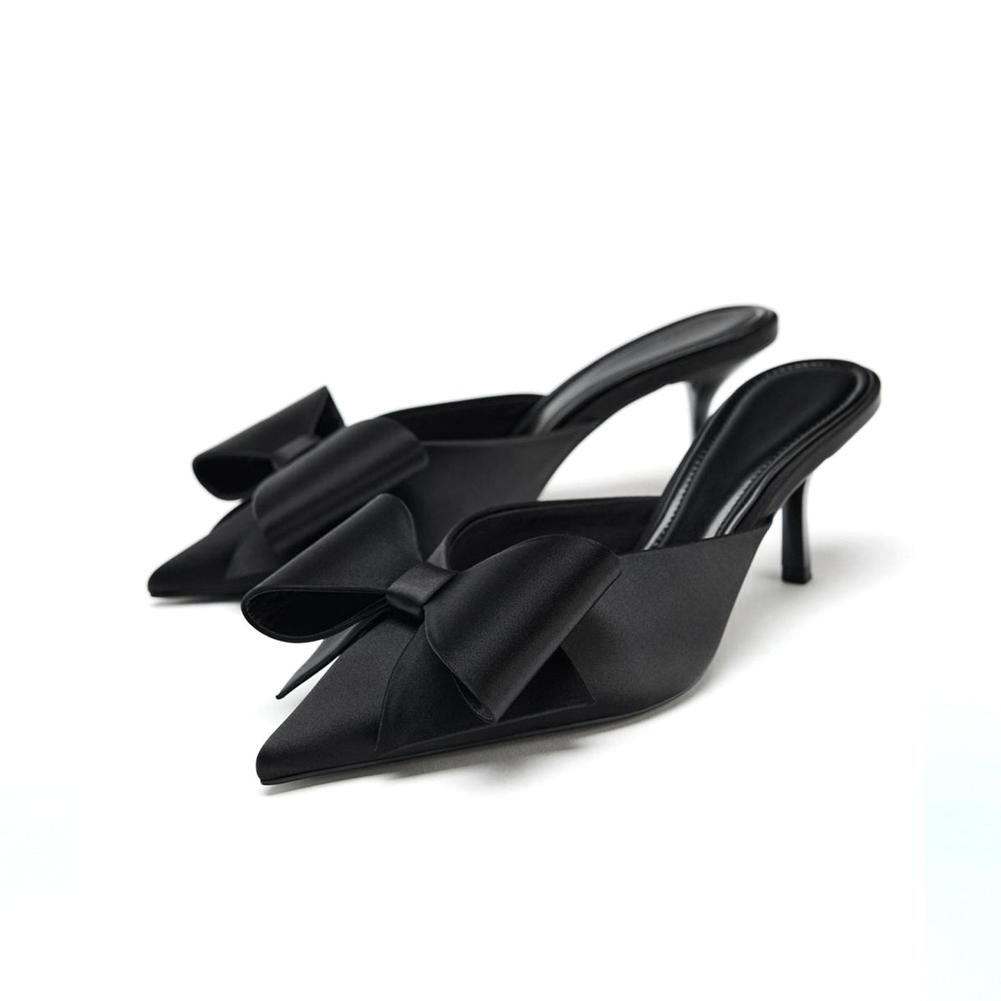 Black Satin Pointed-Toe Maxi Front-Bow Stiletto Kitten Heels