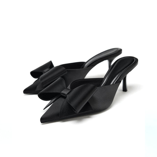Black Satin Pointed-Toe Maxi Front-Bow Stiletto Kitten Heels