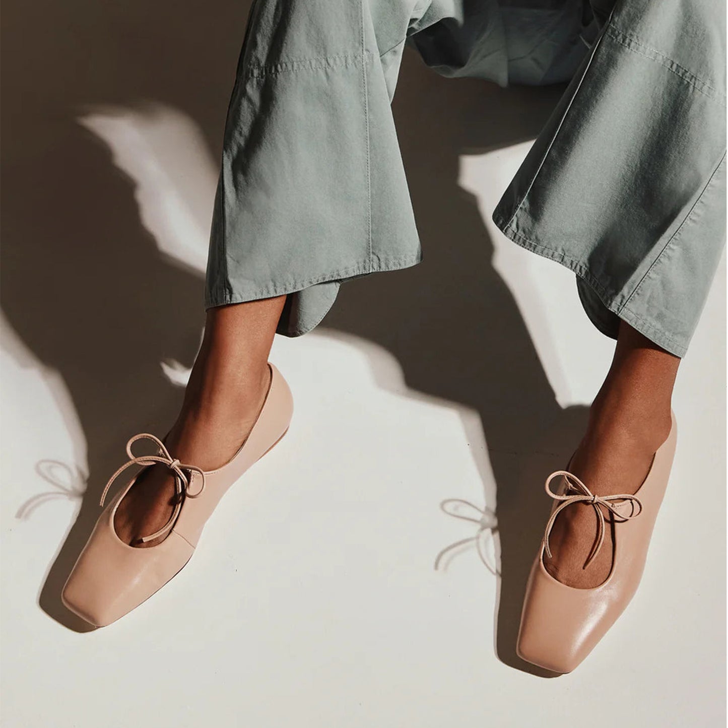 Peach Vegan Leather Square-Toe Vamp Strap With Bow Ballet Flats