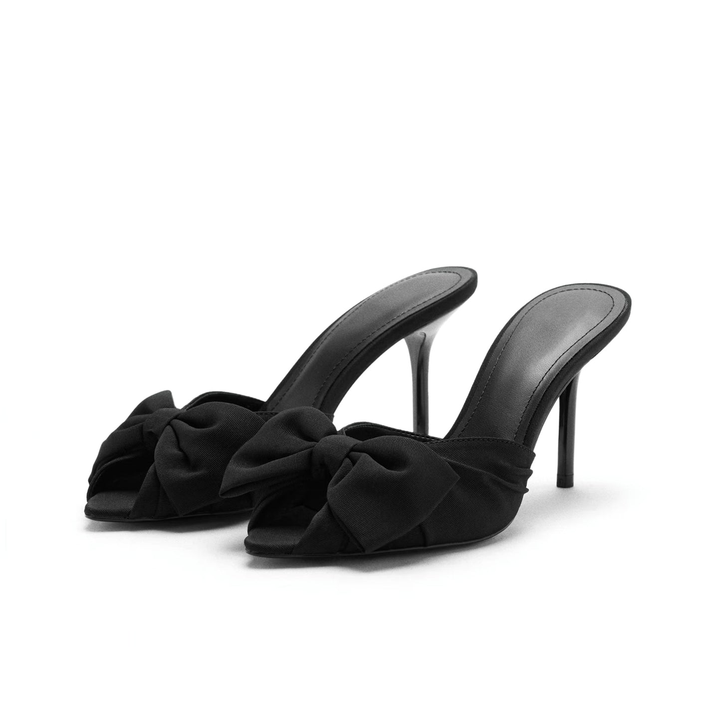 Black Satin Pointed-Toe Stiletto Front Bow Slip-On Kitten Heels