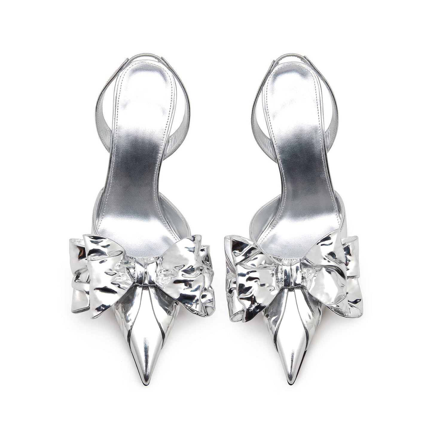 Metallic Silver Pointed-Toe Front Big Bow Slingback Chic High Heels