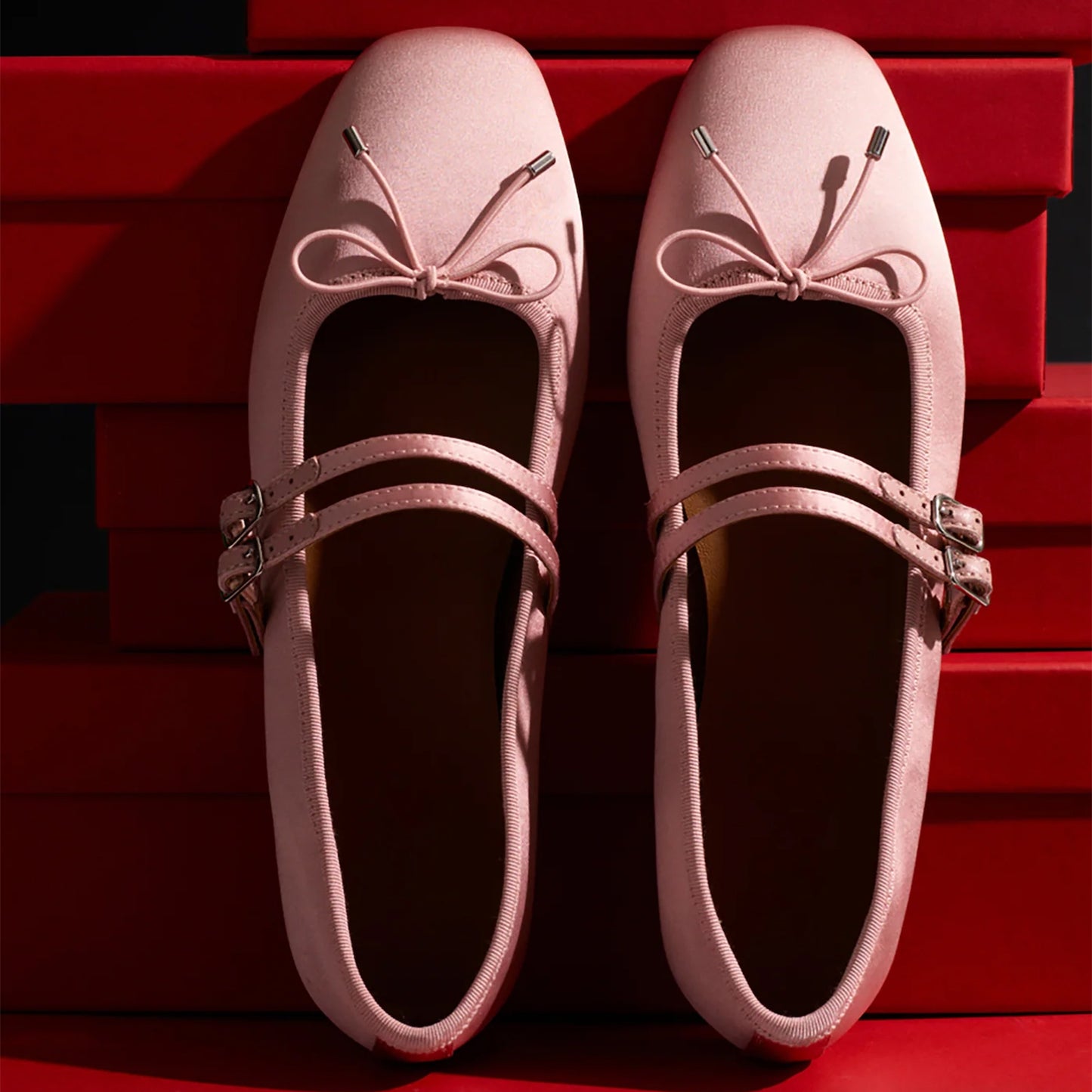 Blush Pink Satin Square-Toe Double Bridge Strap Front Bow Ballet Flats