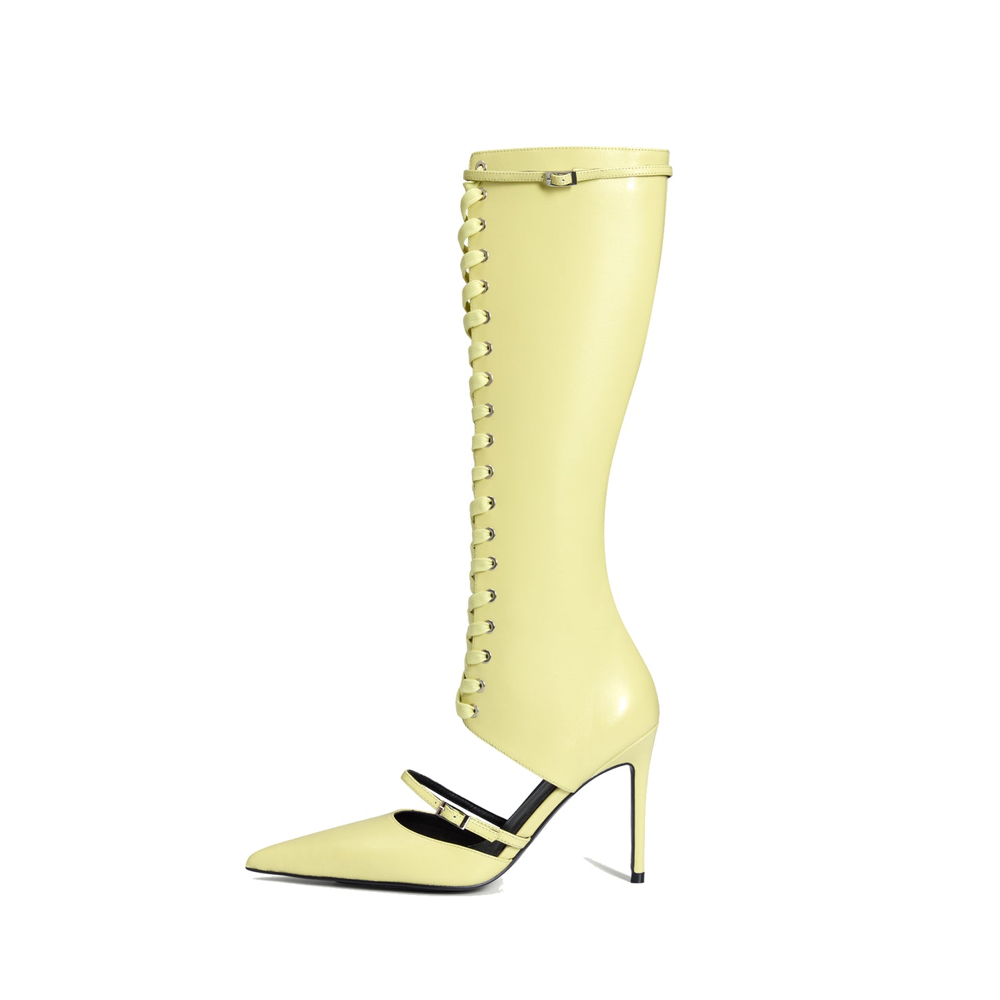 Yellow Pointed-Toe Front Lace-Up Full-Zip Knee High Stiletto Boots