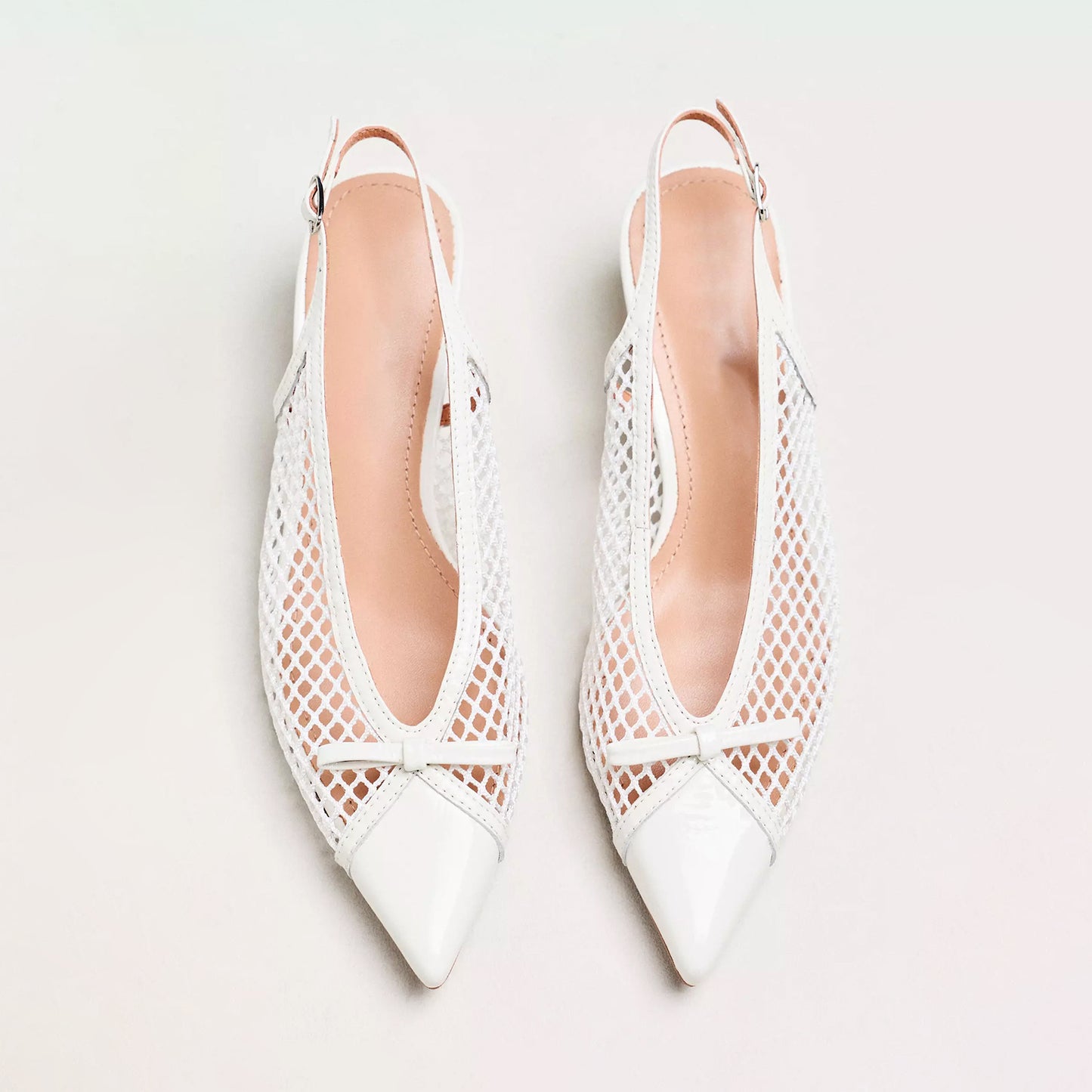 White Mesh Patent Pointed-Toe Front Bow Slingback Kitten Heels