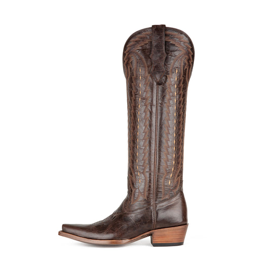 Chocolate Snip-Toe Western Embroidery Classic Wide Calf Knee High Cowgirl Boots