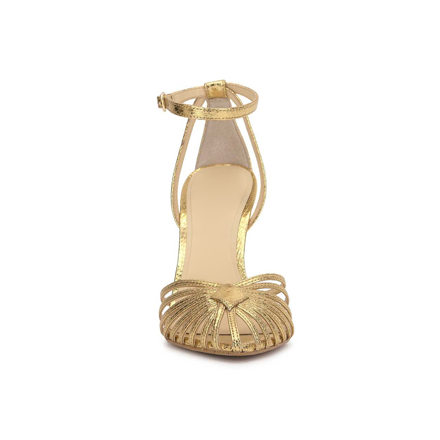 Metallic Gold Snakeskin Print Pointed-Toe Front Strappy Ankle Strap Pumps High Heels