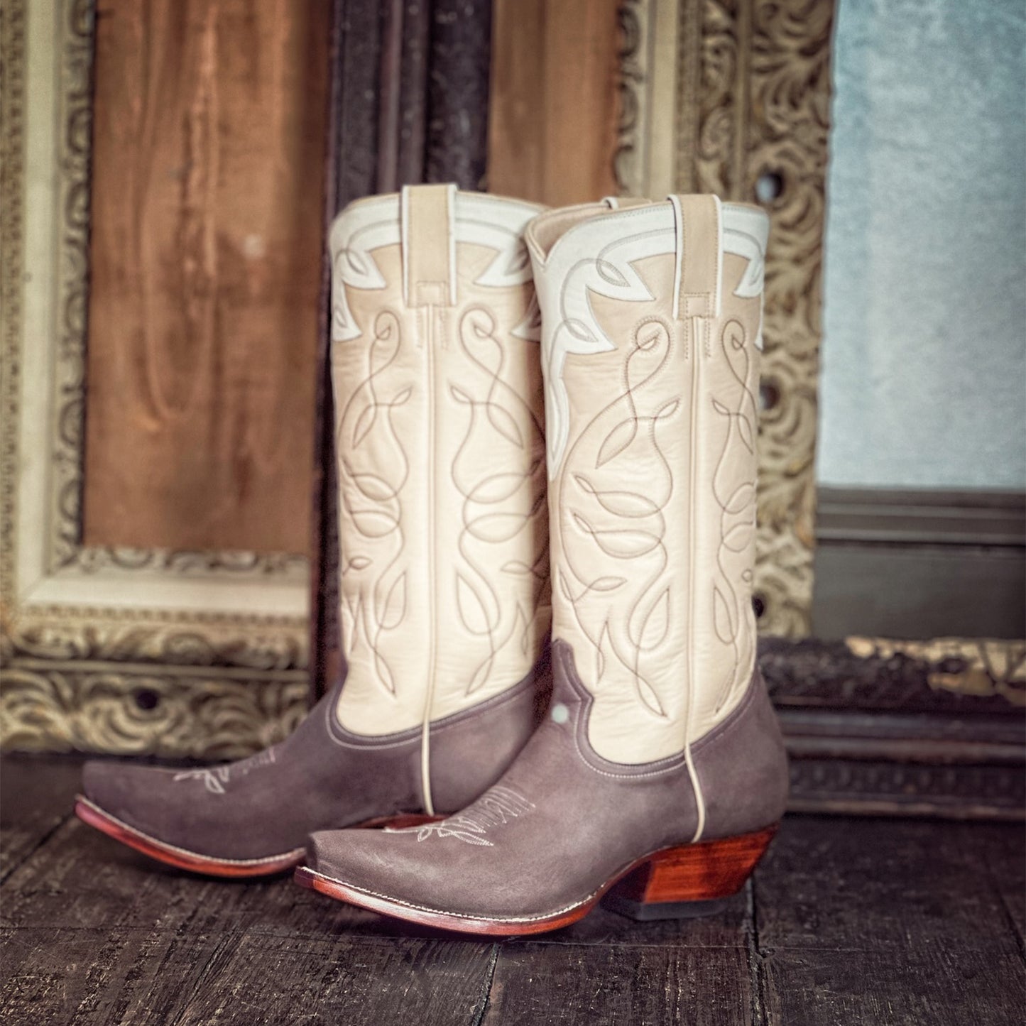 Contrast Beige And Chocolate Snip-Toe Embroidery Mid Calf Cowgirl Boots
