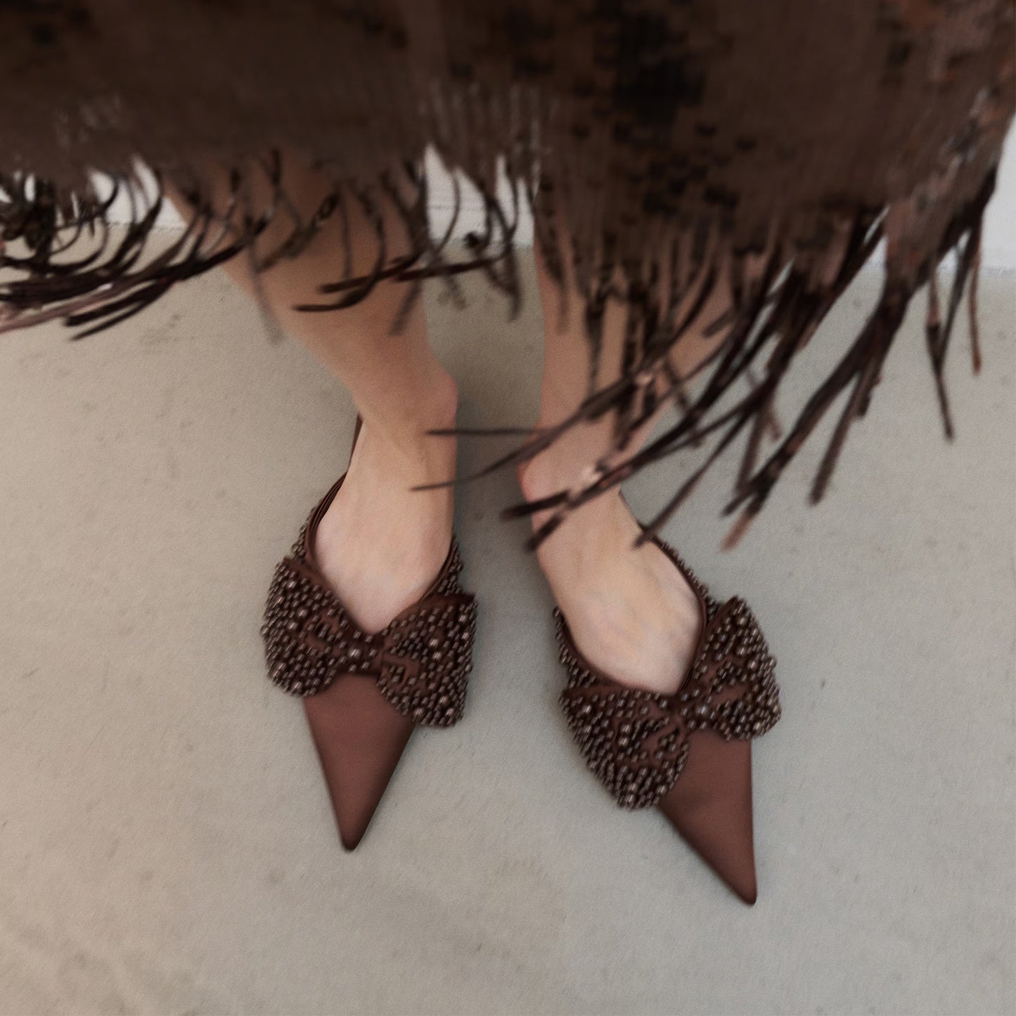 Coffee Satin Pointed-Toe Front Studded Bow Slip-On Flats