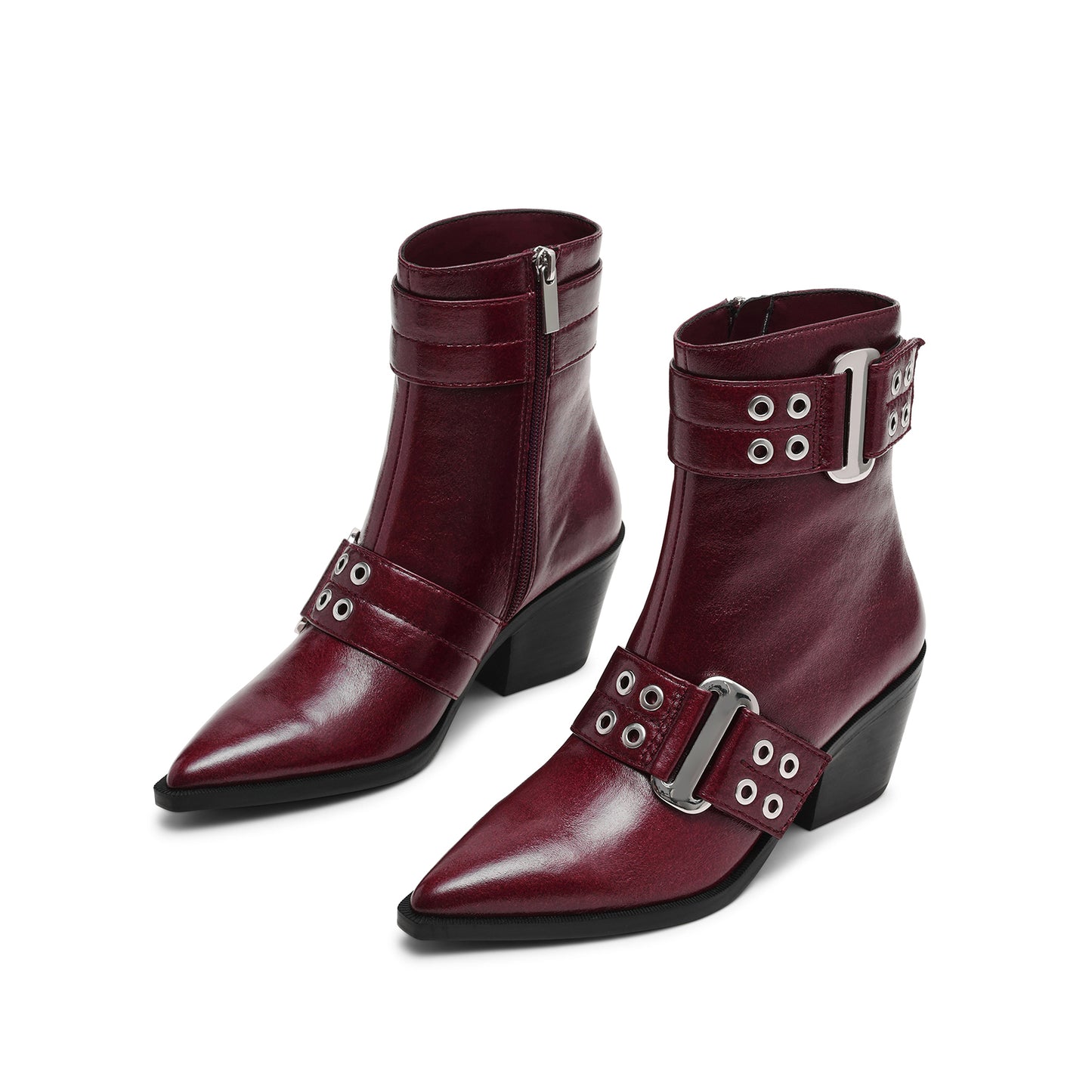 Burgundy Pointed-Toe Full-Zip Buckle Straps With Eyelets Ankle Cowgirl Boots