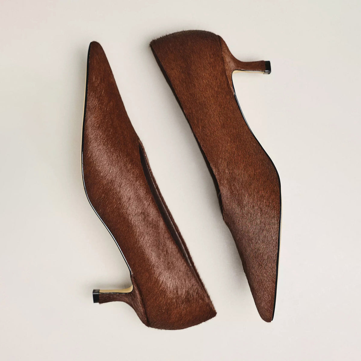 Brown Pony Hair Vegan Leather Pointed-Toe Slip-On Chic Kitten Heels
