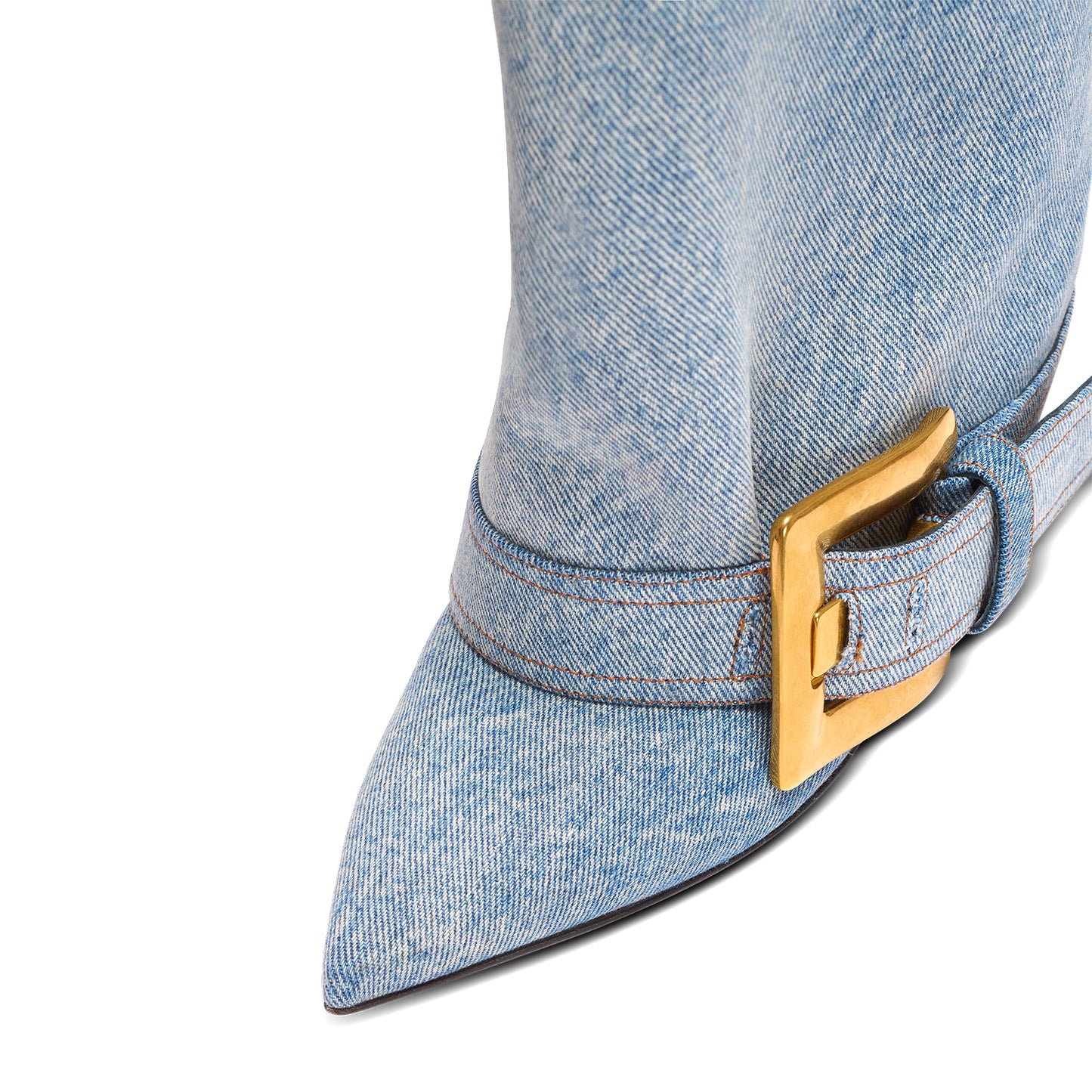 Blue Denim Pointed-Toe Bottom Buckle Fold-Over Wide Calf Knee High Stiletto Boots