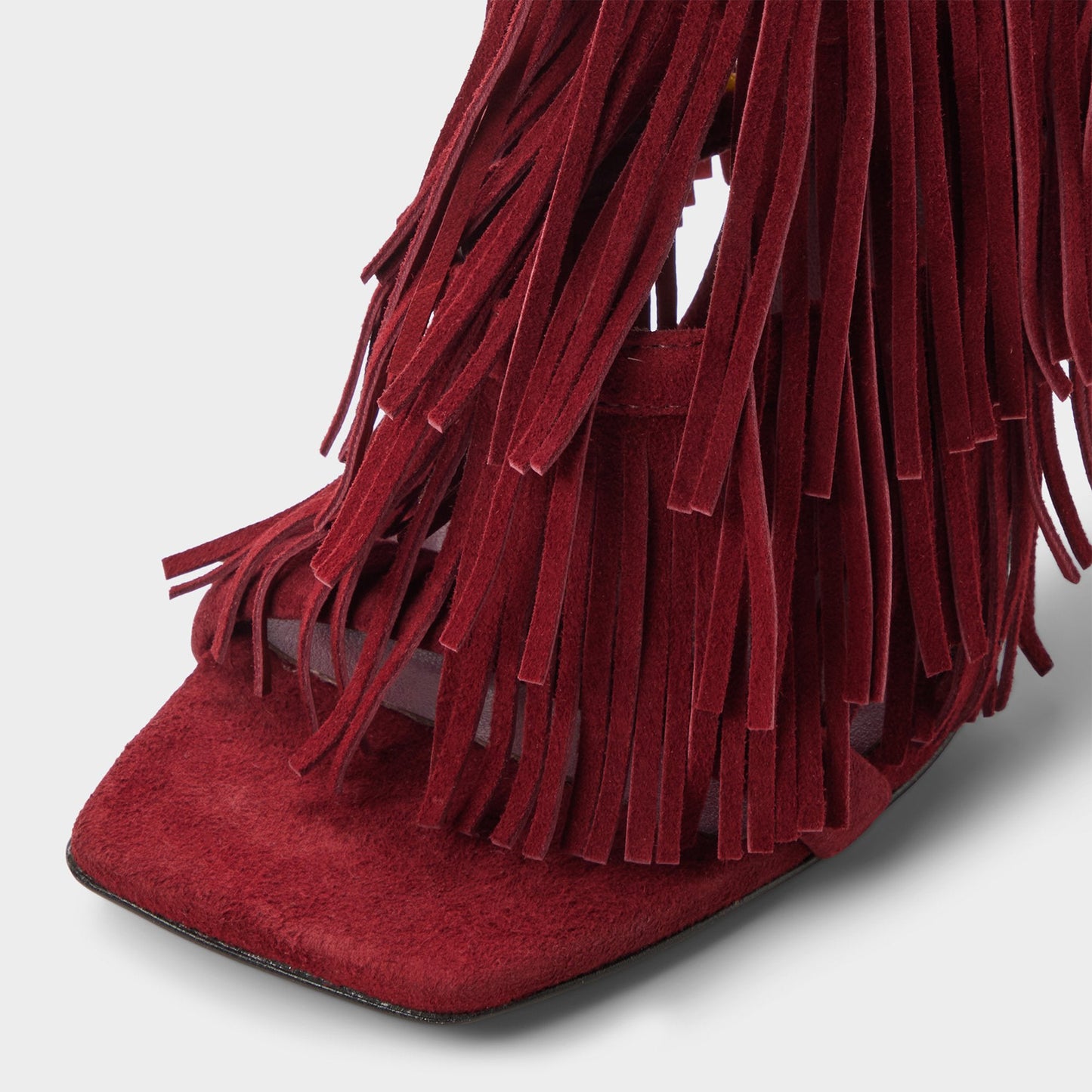 Burgundy Faux Suede Square-Toe Fringe And Strappy Back-Zip High Heels