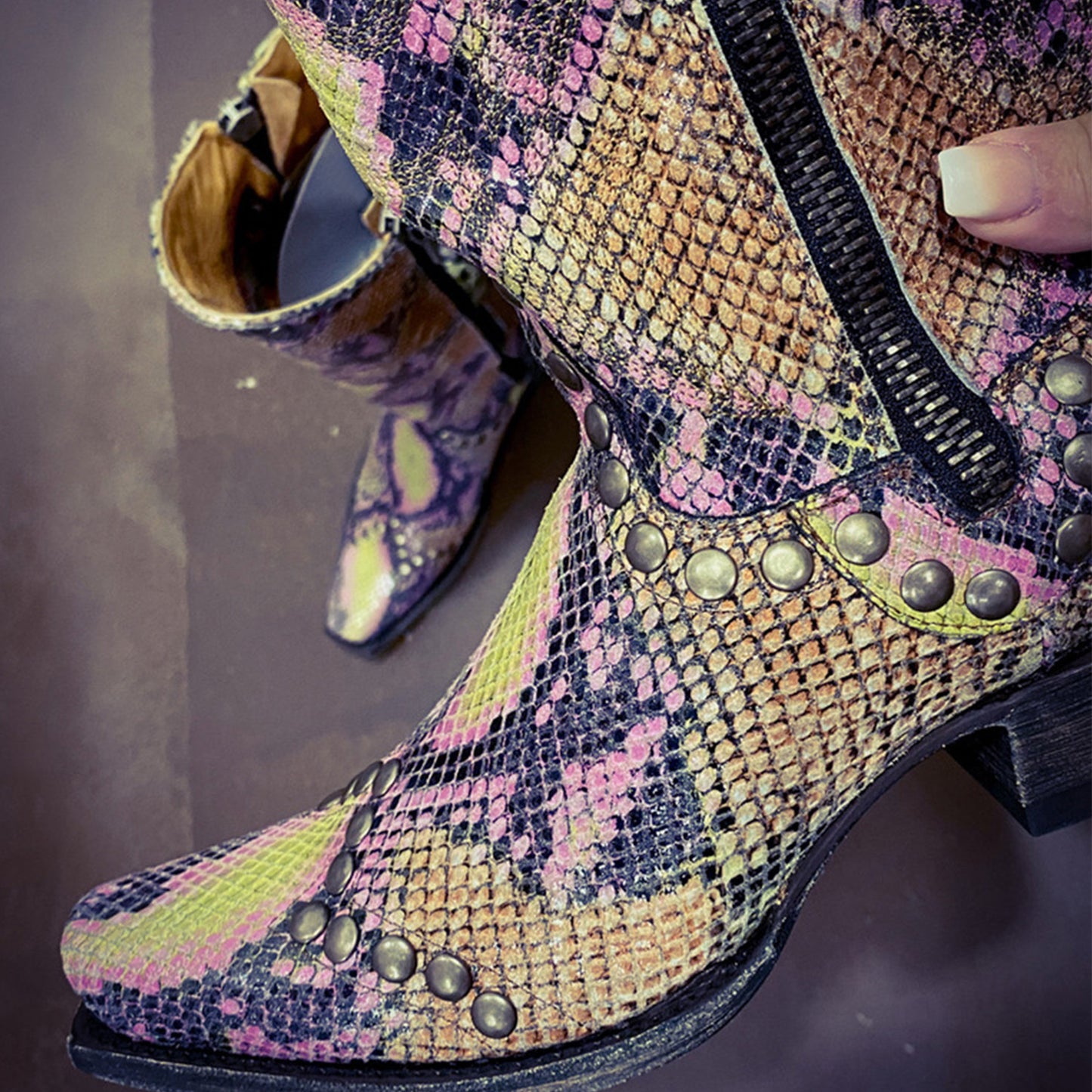 Snakeskin Print Snip-Toe Studs Detail Full-Zip Mid Calf Cowgirl Boots