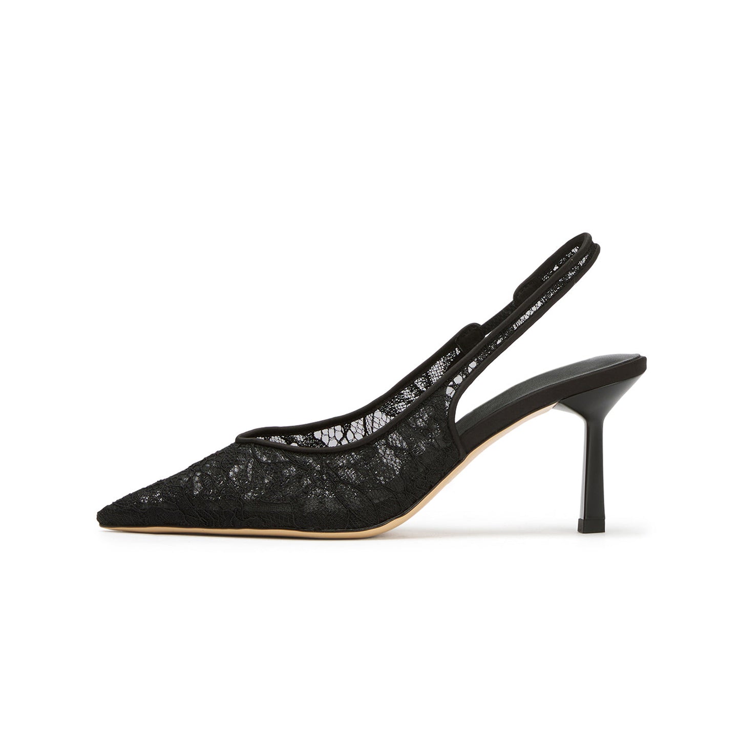 Black Lace Mesh Pointed-Toe Classic Slingback Kitten Heels