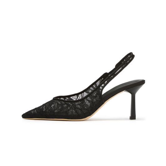 Black Lace Mesh Pointed-Toe Classic Slingback Kitten Heels