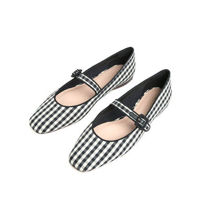 Gingham Satin Square-Toe Bridge Strap Ballet Flats