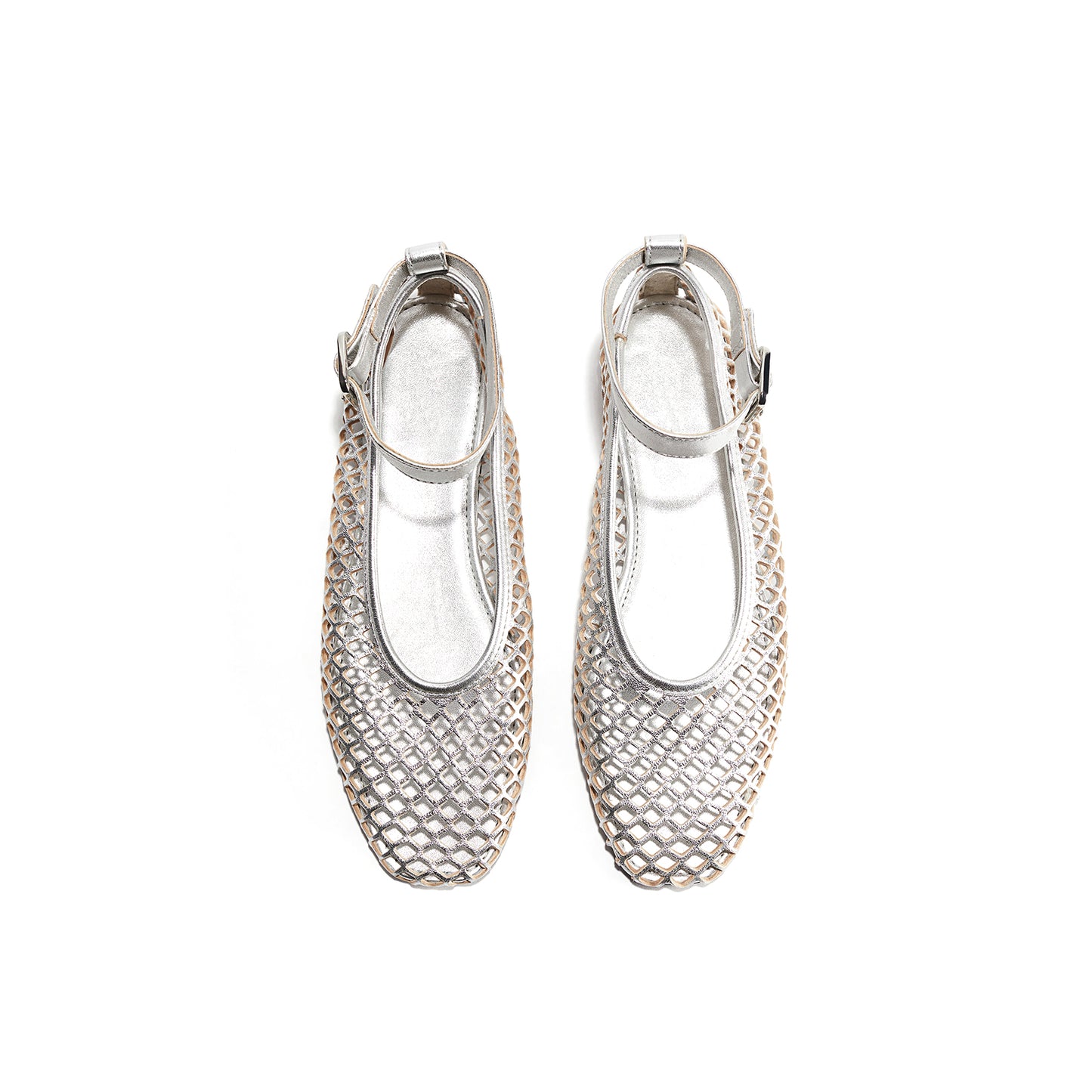 Metallic Silver Square-Toe Perforated Ballet Flats With Ankle Strap