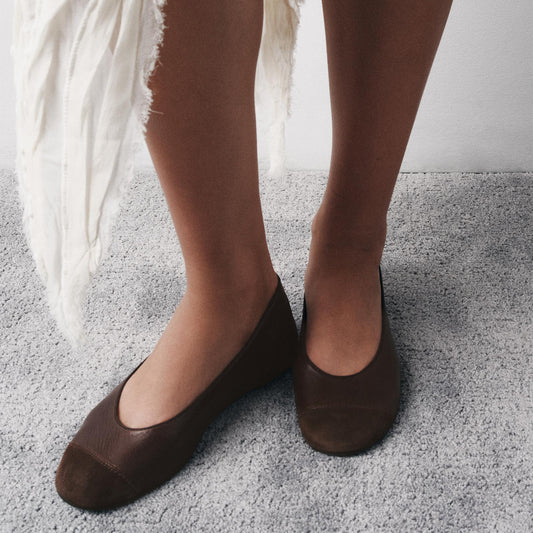 Brown Faux Suede And Vegan Leather Round-Toe Ballet Flats