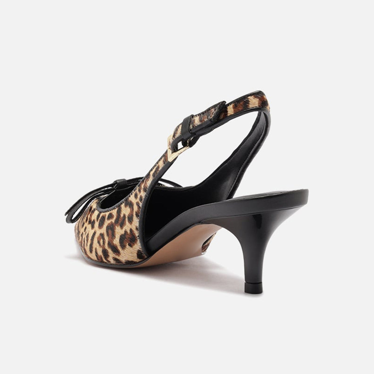 Leopard Pattern Pony Hair Vegan Leather Chic Pointed-Toe Front Bow Buckle Slingback Kitten Heels