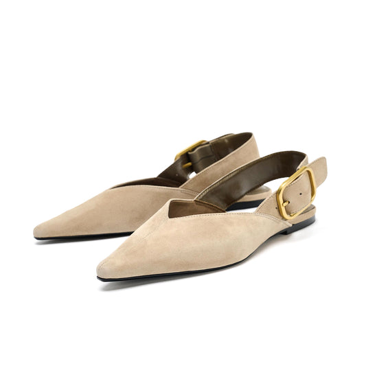 Beige Faux Suede Pointed-Toe Slingback Buckle Flats