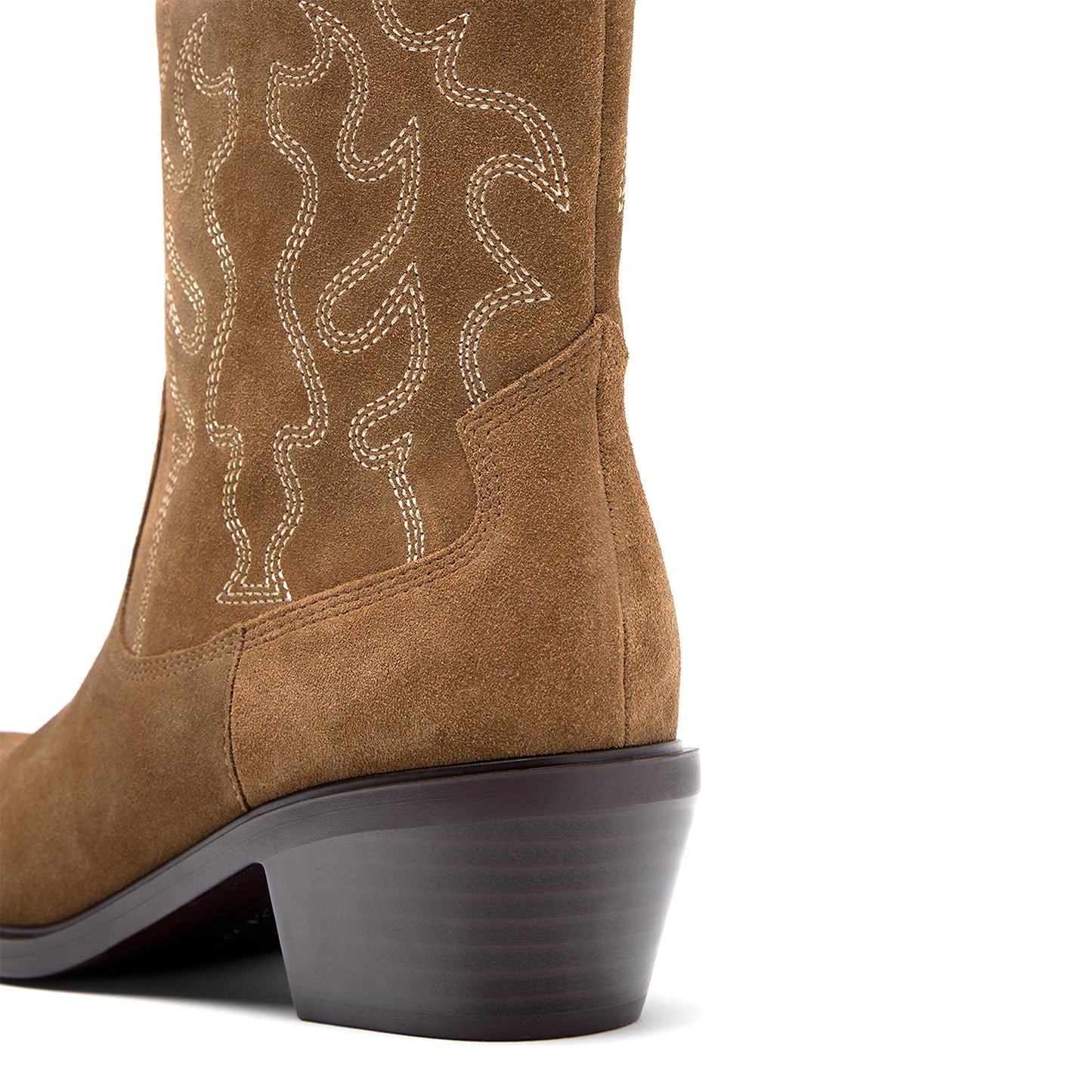 Camel Faux Suede Almond-Toe Embroidery Detail Full-Zip Ankle Cowgirl Boots
