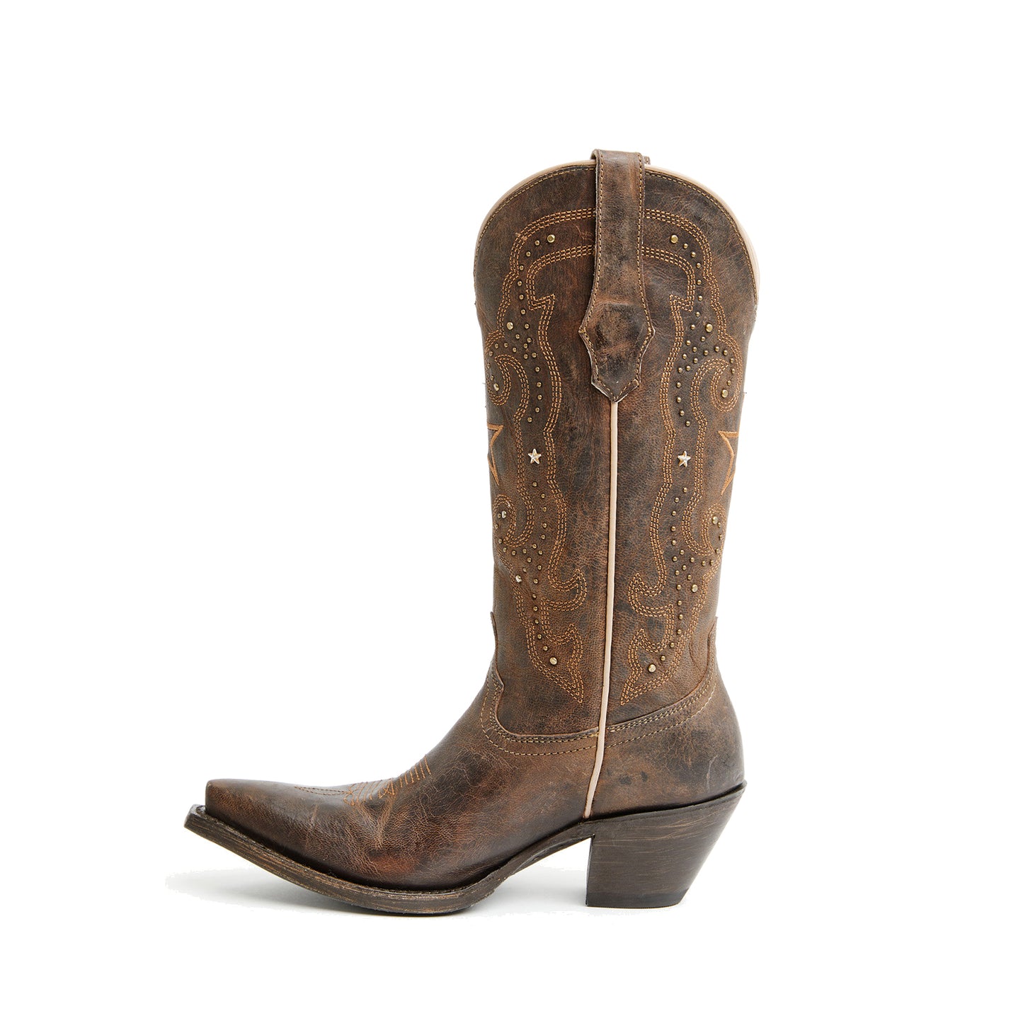 Brown Snip-Toe Stars Studs And Embroidery Mid Calf Cowgirl Boots
