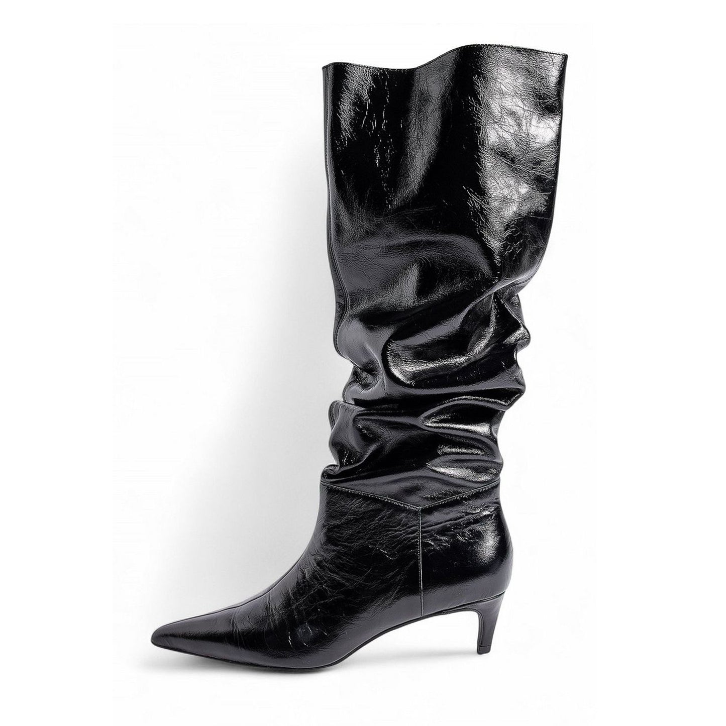 Black Pointed-Toe Slouchy Wide Calf Knee High Stiletto Boots