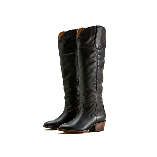 Black Round-Toe Simple Wide Calf Knee High Cowgirl Boots