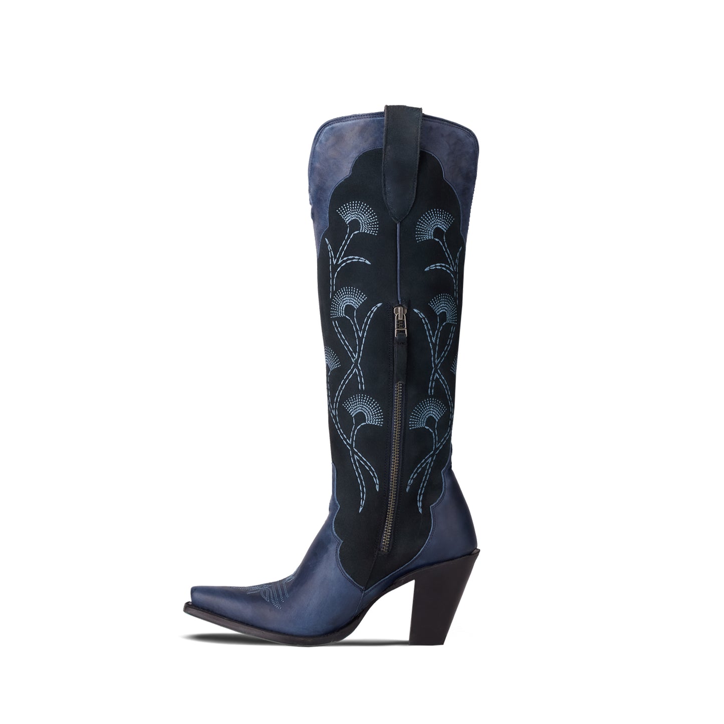 Navy Contrast Faux Suede And Vegan Leather Snip-Toe Floral Embroidery Half-Zip Knee High Cowgirl Boots