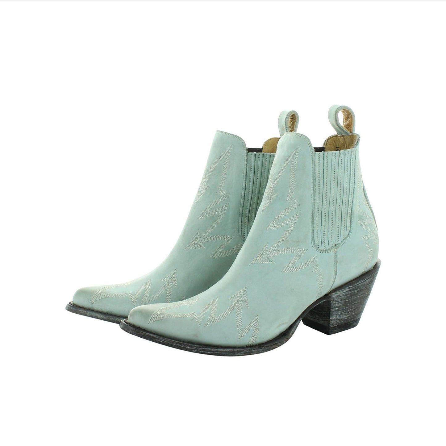 Distressed Mint Blue Almond-Toe Chic Embroidery Ankle Cowgirl Boots