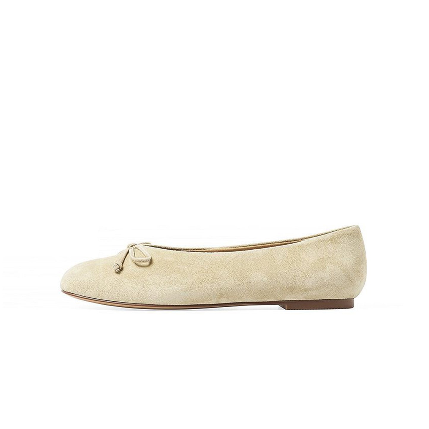 Light Beige Faux Suede Round-Toe Classic Front Bow Detail Ballet Flats