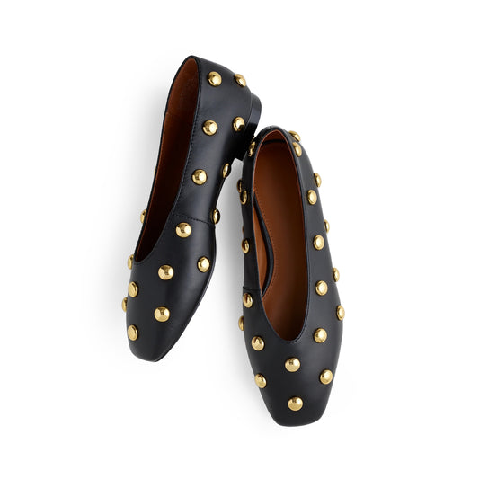 Black Vegan Leather Studded Square-Toe Ballet Flats