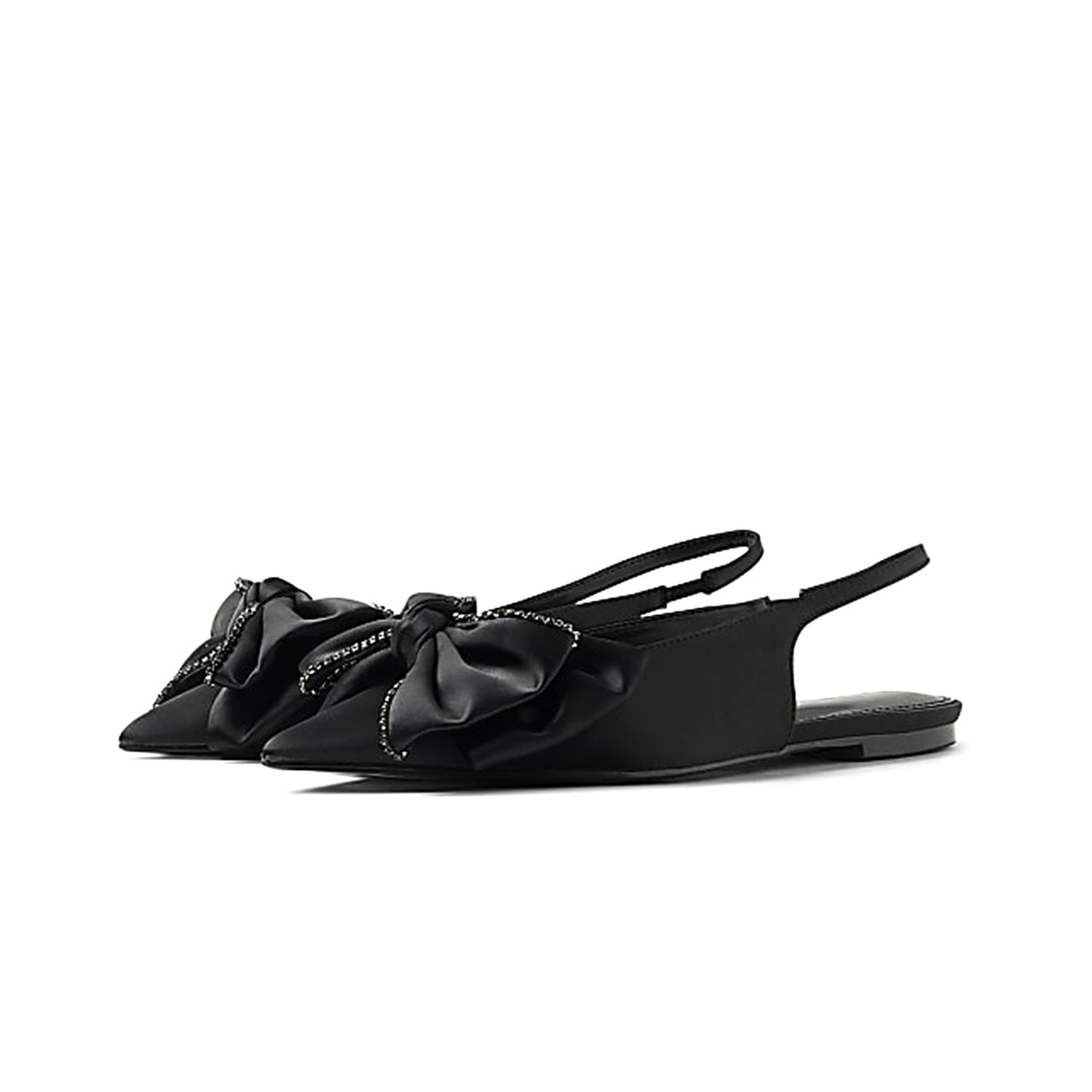 Black Satin Pointed-Toe Front Big Bow Slip-On Slingback Flats
