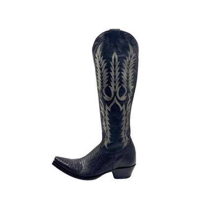 Black Lizard-Patterned Snip-Toe Embroidery Half-Zip Knee High Cowgirl Boots